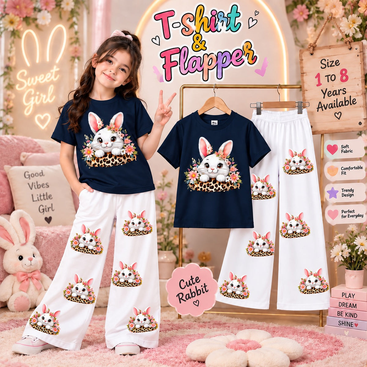 Ready to Wear 2-Piece Kids Rabbit Print T-Shirt and Flapper Set - Cotton Jersey Outfit
