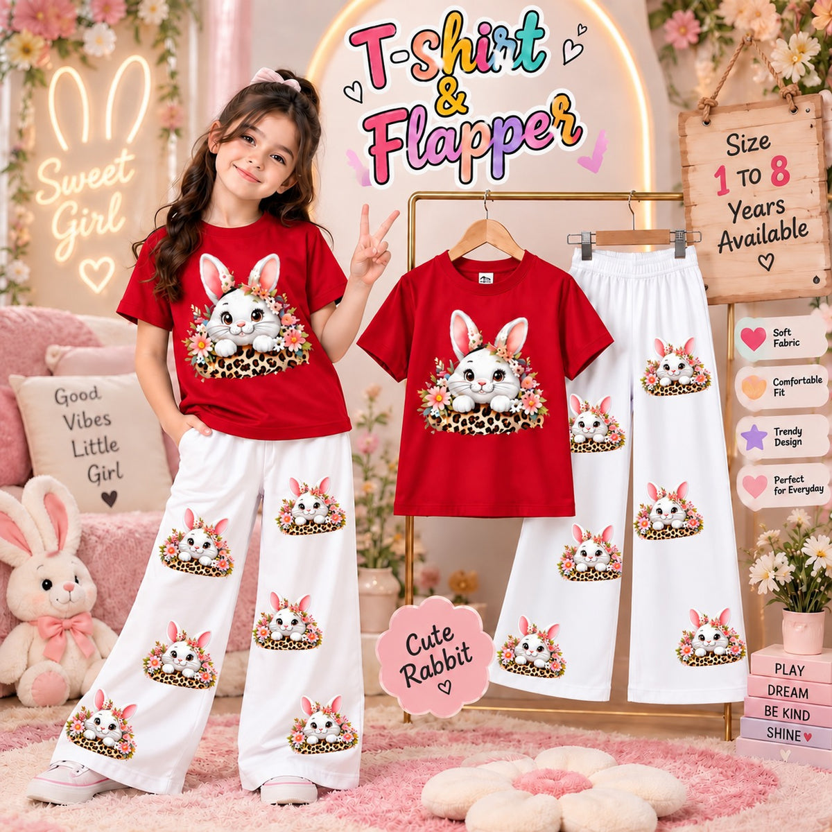 Ready to Wear 2-Piece Kids Rabbit Print T-Shirt and Flapper Set - Cotton Jersey Outfit