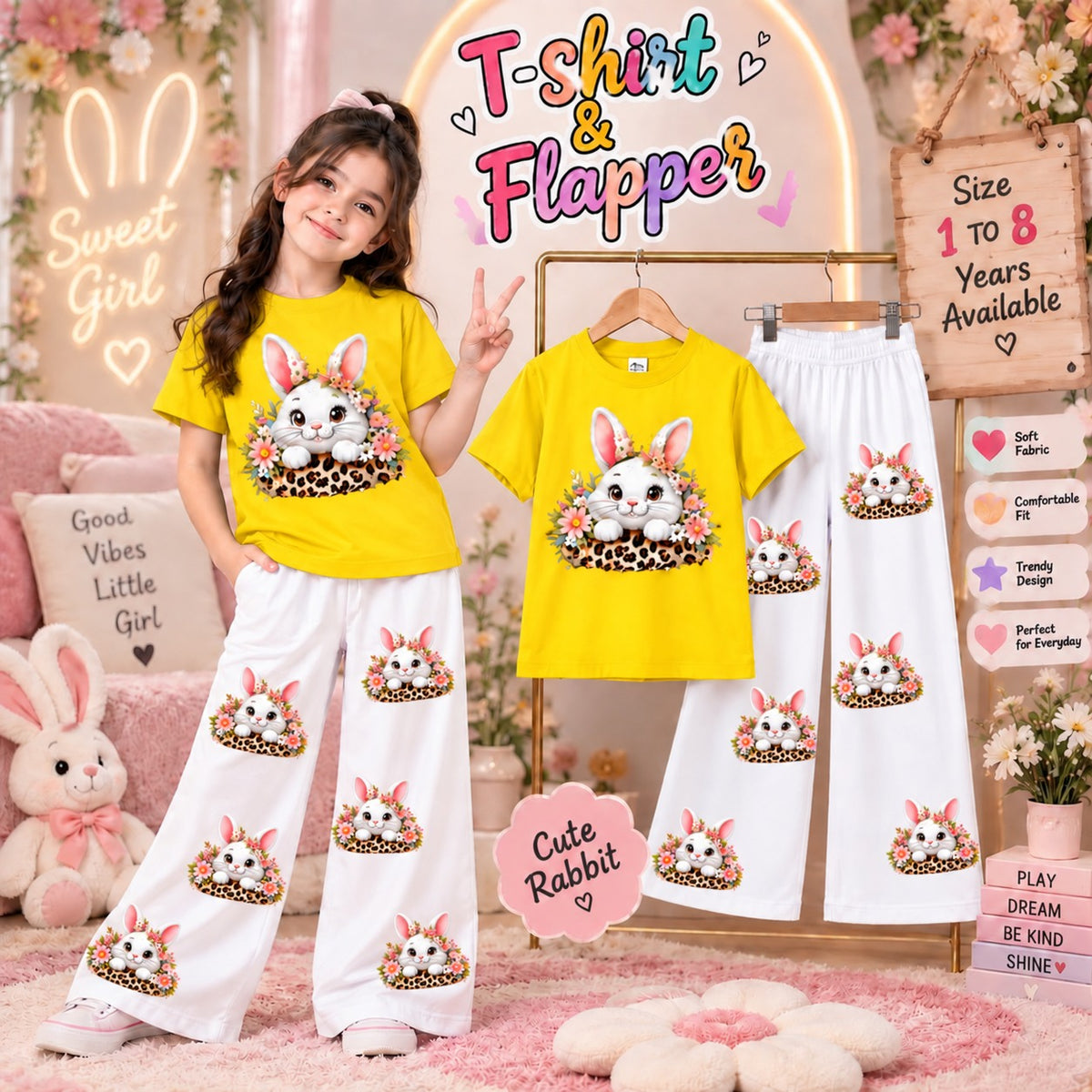 Ready to Wear 2-Piece Kids Rabbit Print T-Shirt and Flapper Set - Cotton Jersey Outfit