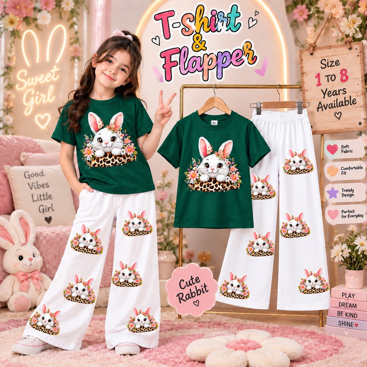 Ready to Wear 2-Piece Kids Rabbit Print T-Shirt and Flapper Set - Cotton Jersey Outfit