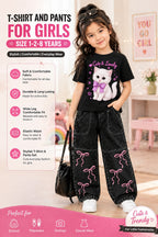 2-Piece Girls' Western DTF Printed T-Shirt & Denim Pants Set