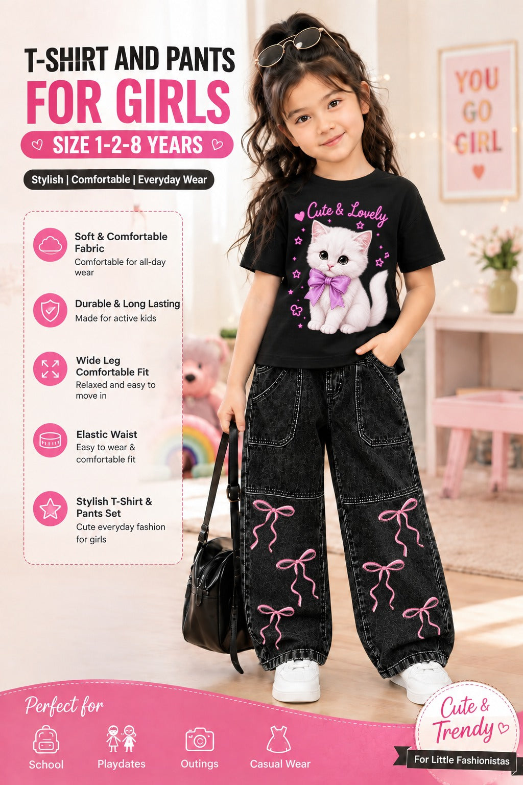 2-Piece Girls' Western DTF Printed T-Shirt & Denim Pants Set