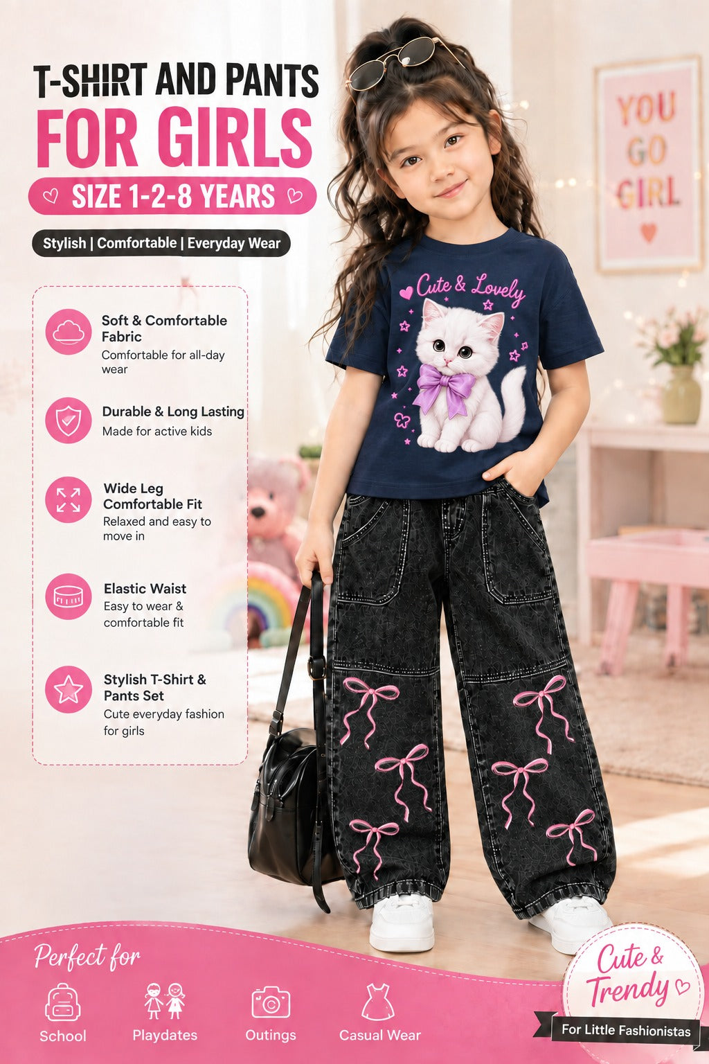 2-Piece Girls' Western DTF Printed T-Shirt & Denim Pants Set