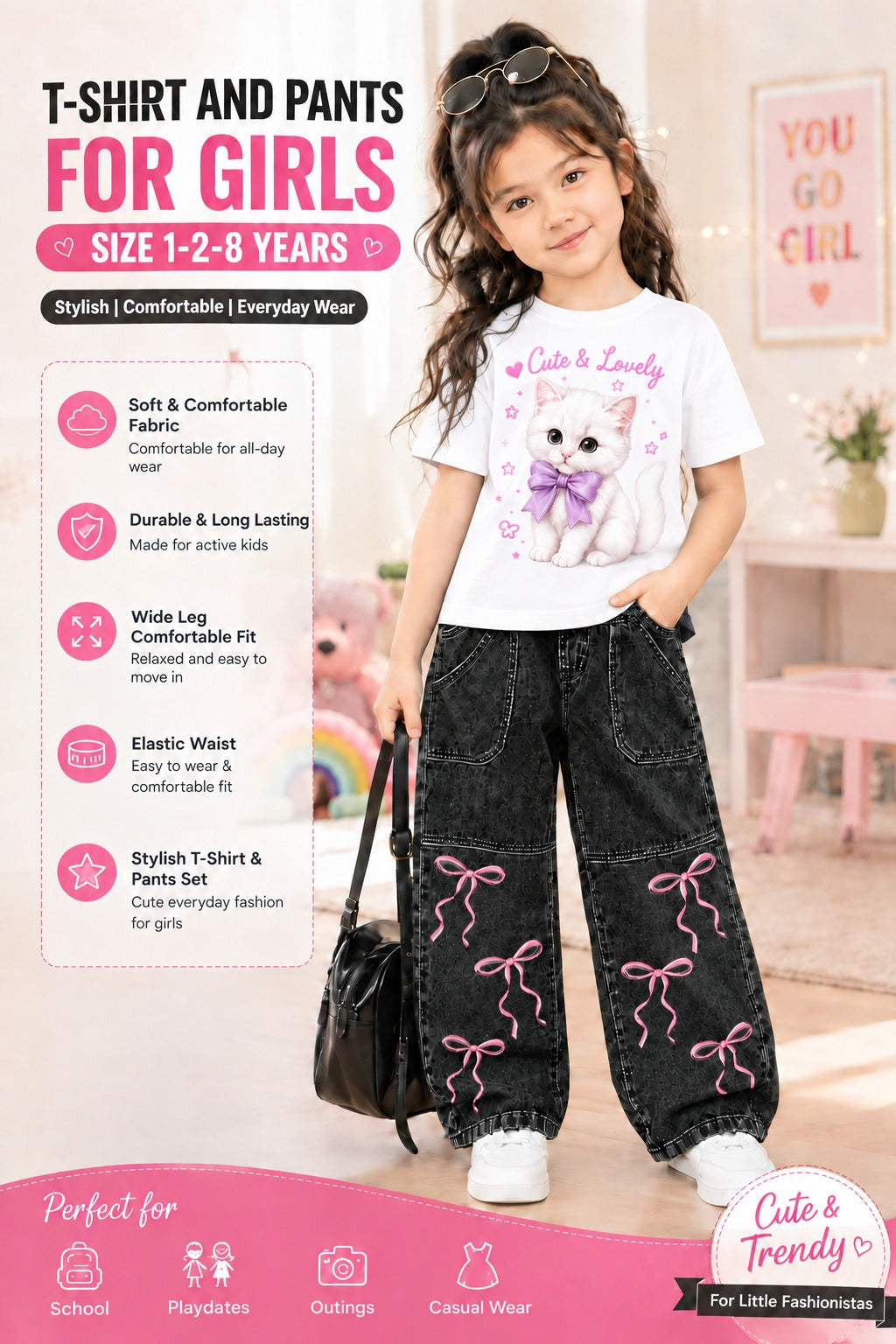 2-Piece Girls' Western DTF Printed T-Shirt & Denim Pants Set