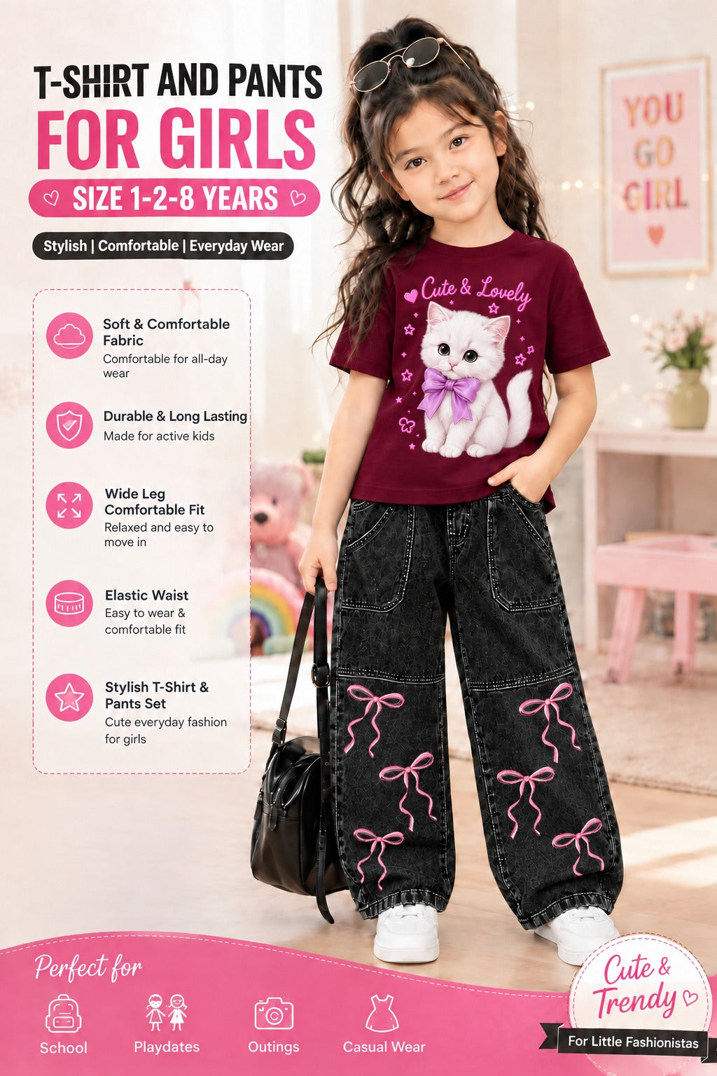 2-Piece Girls' Western DTF Printed T-Shirt & Denim Pants Set