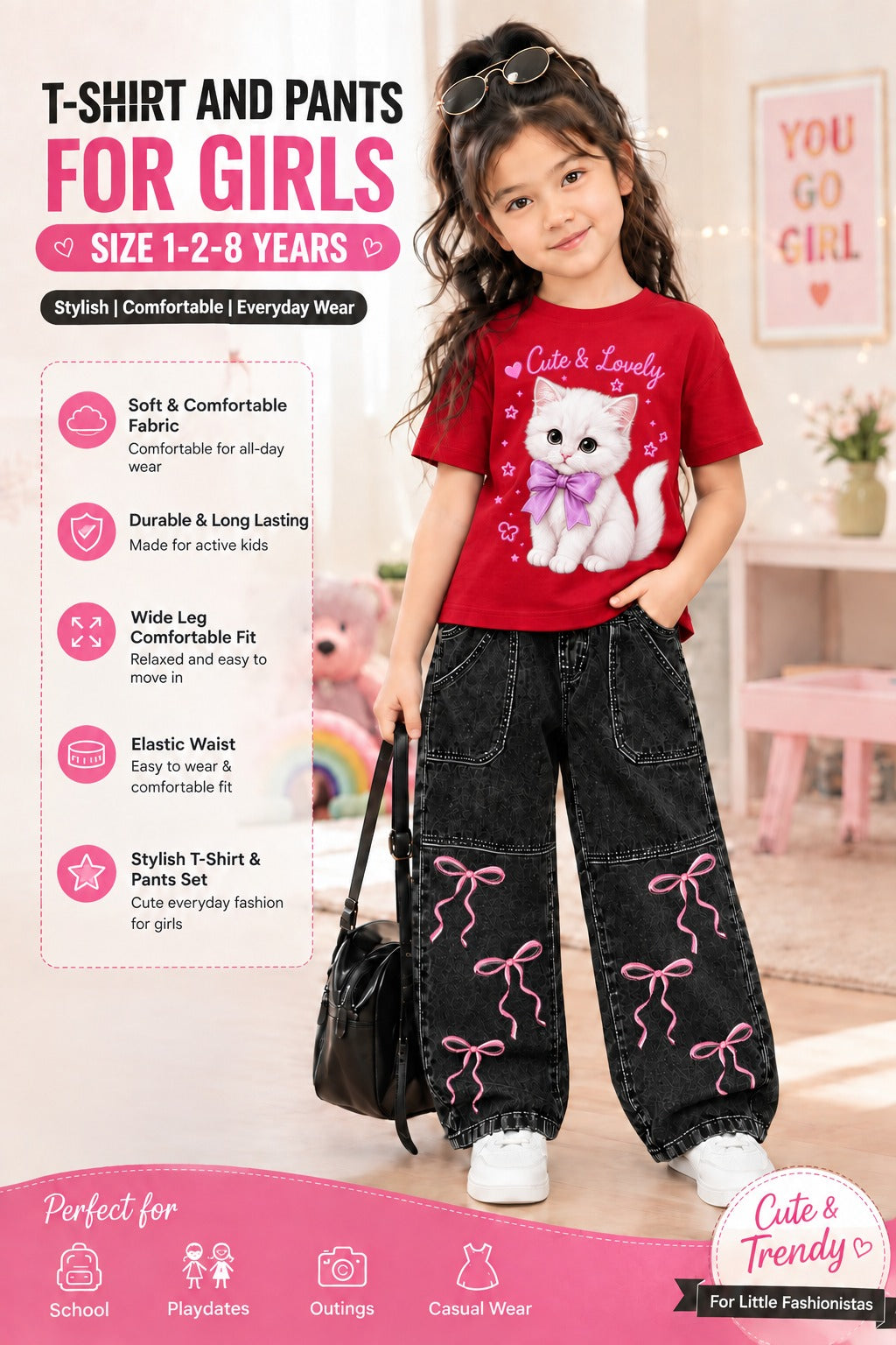 2-Piece Girls' Western DTF Printed T-Shirt & Denim Pants Set