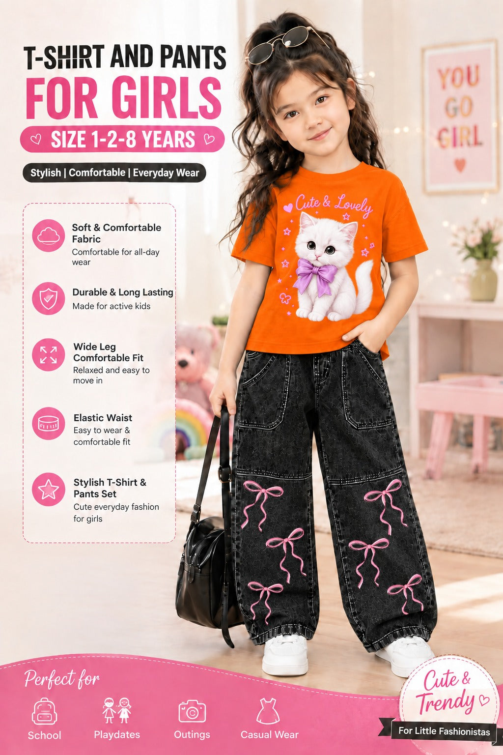 2-Piece Girls' Western DTF Printed T-Shirt & Denim Pants Set