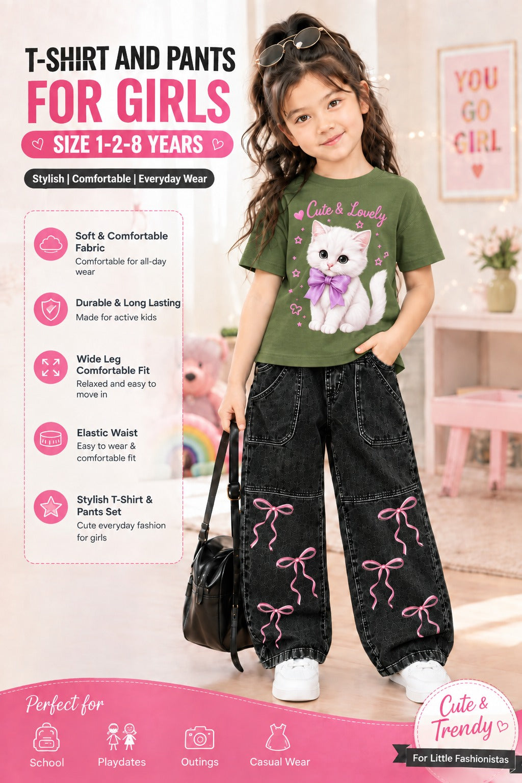 2-Piece Girls' Western DTF Printed T-Shirt & Denim Pants Set