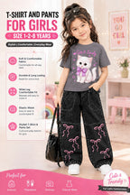 2-Piece Girls' Western DTF Printed T-Shirt & Denim Pants Set