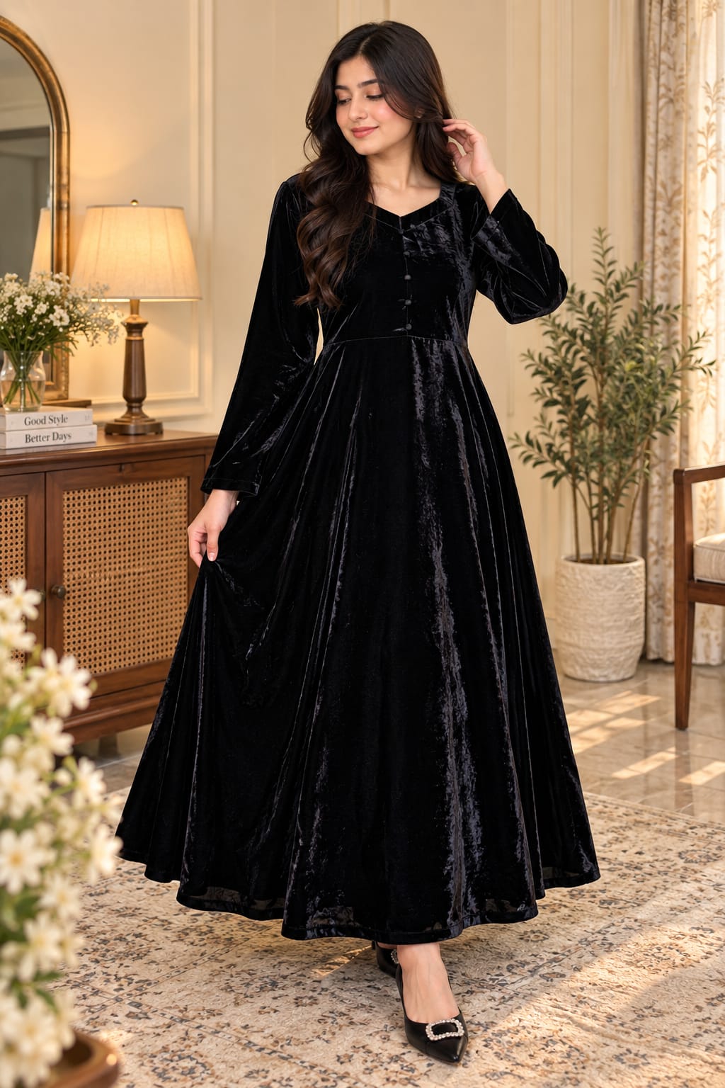 Elegant Velvet Long Frock for Women - Winter Party Wear Maxi Dress