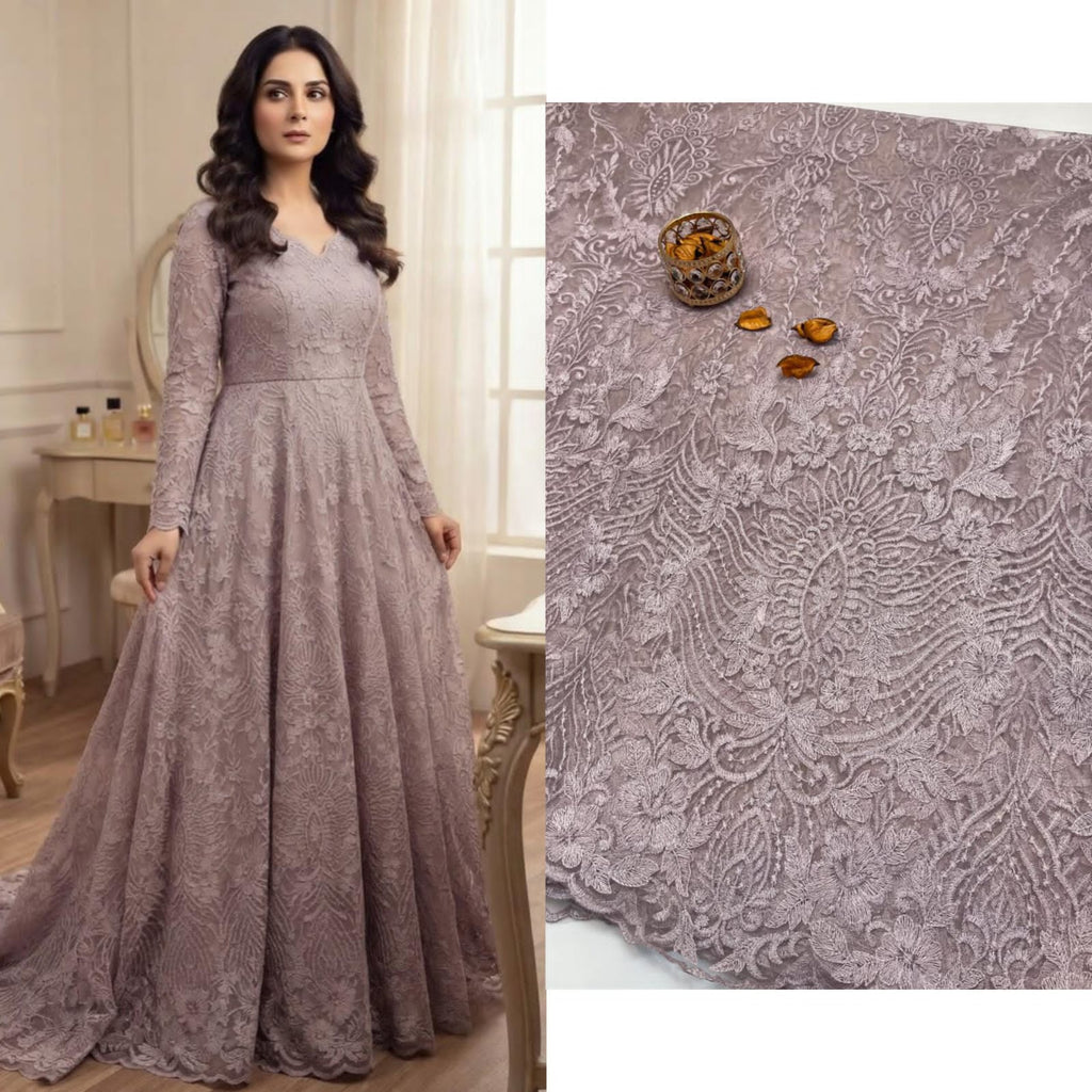 2-Piece Unstitched Net Embroidered Maxi & Frock Suit
