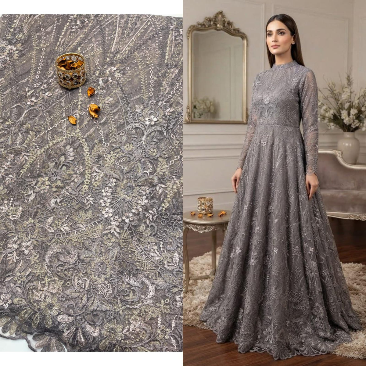 2-Piece Luxury Net Embroidered Maxi Fabric Suit