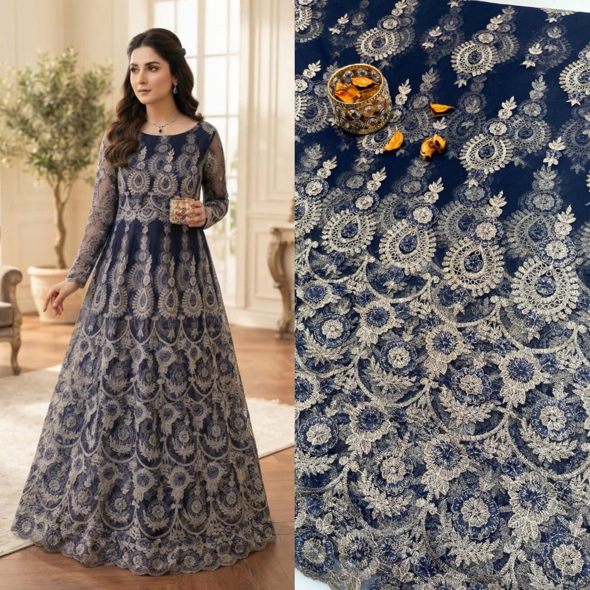 2-Piece Unstitched Net Embroidered Maxi & Frock Suit