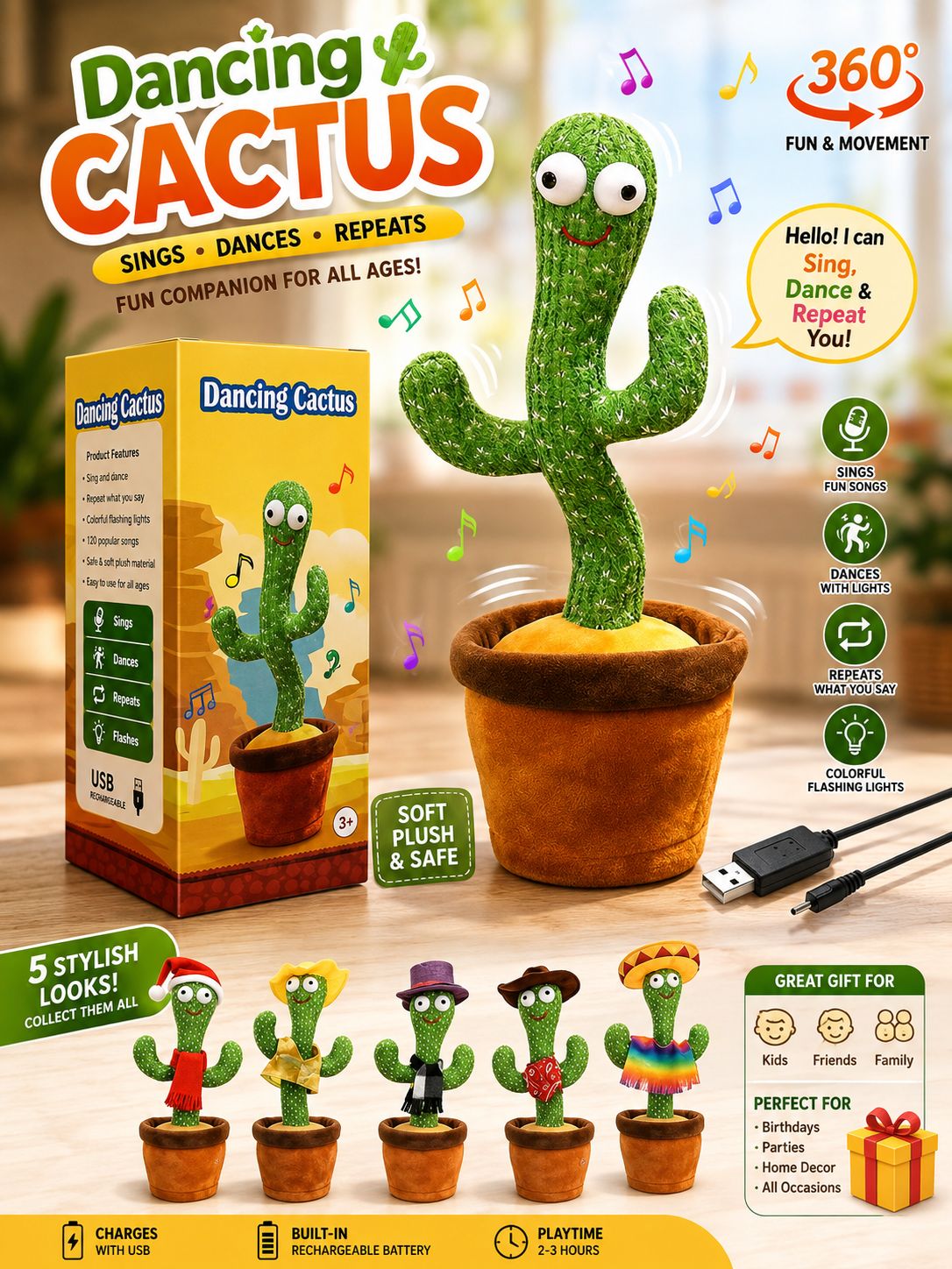 Rechargeable Dancing & Talking Cactus Toy