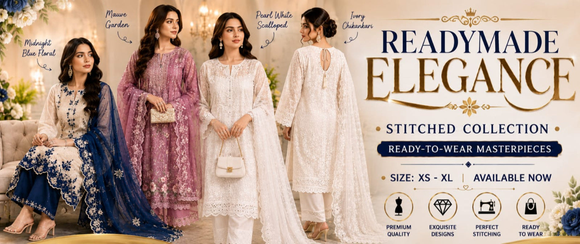 Advertisement for a ready-made clothing collection with models wearing various outfits.