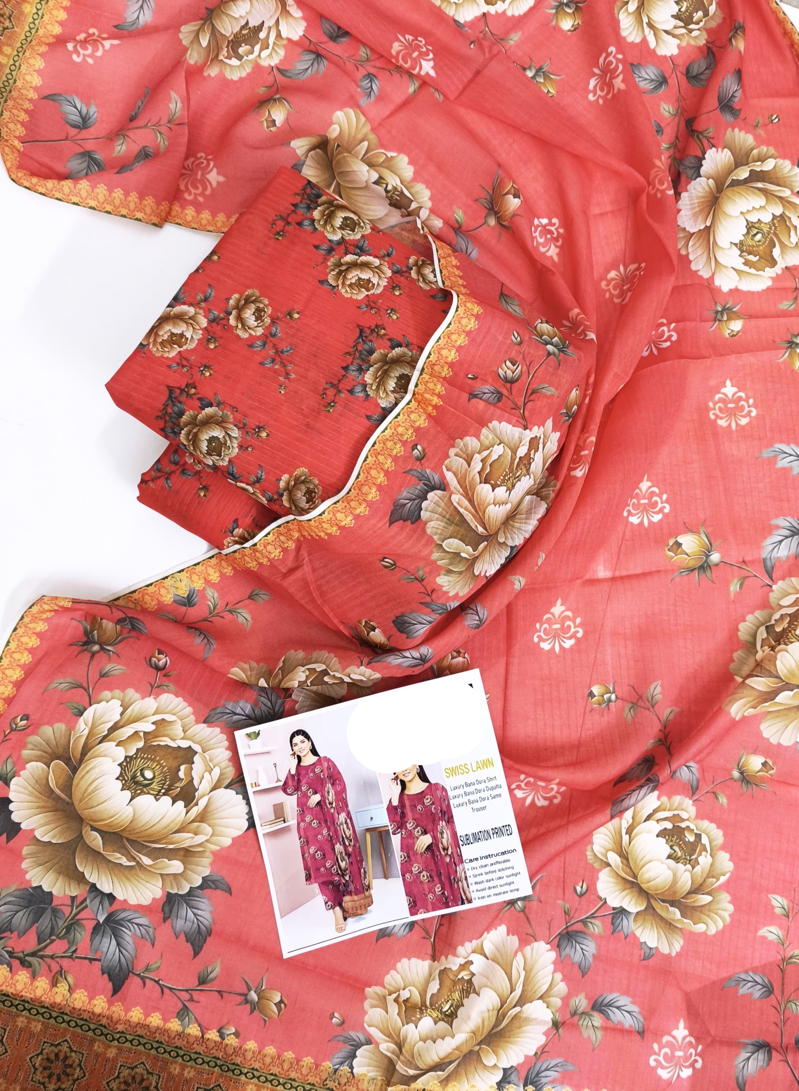 Premium Digital Printed Bana Dora 3-Piece Unstitched Suit – Floral Peach