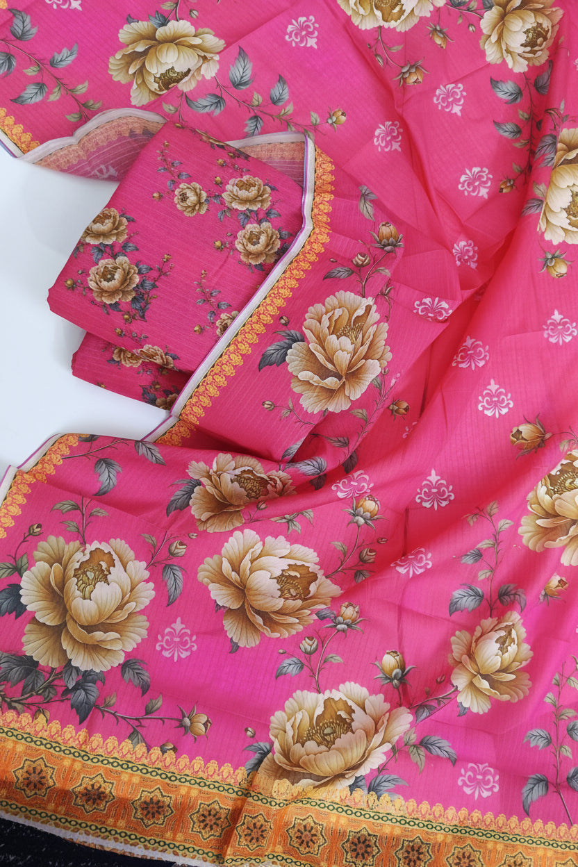 Premium Digital Printed Bana Dora 3-Piece Unstitched Suit – Floral Shocking Pink
