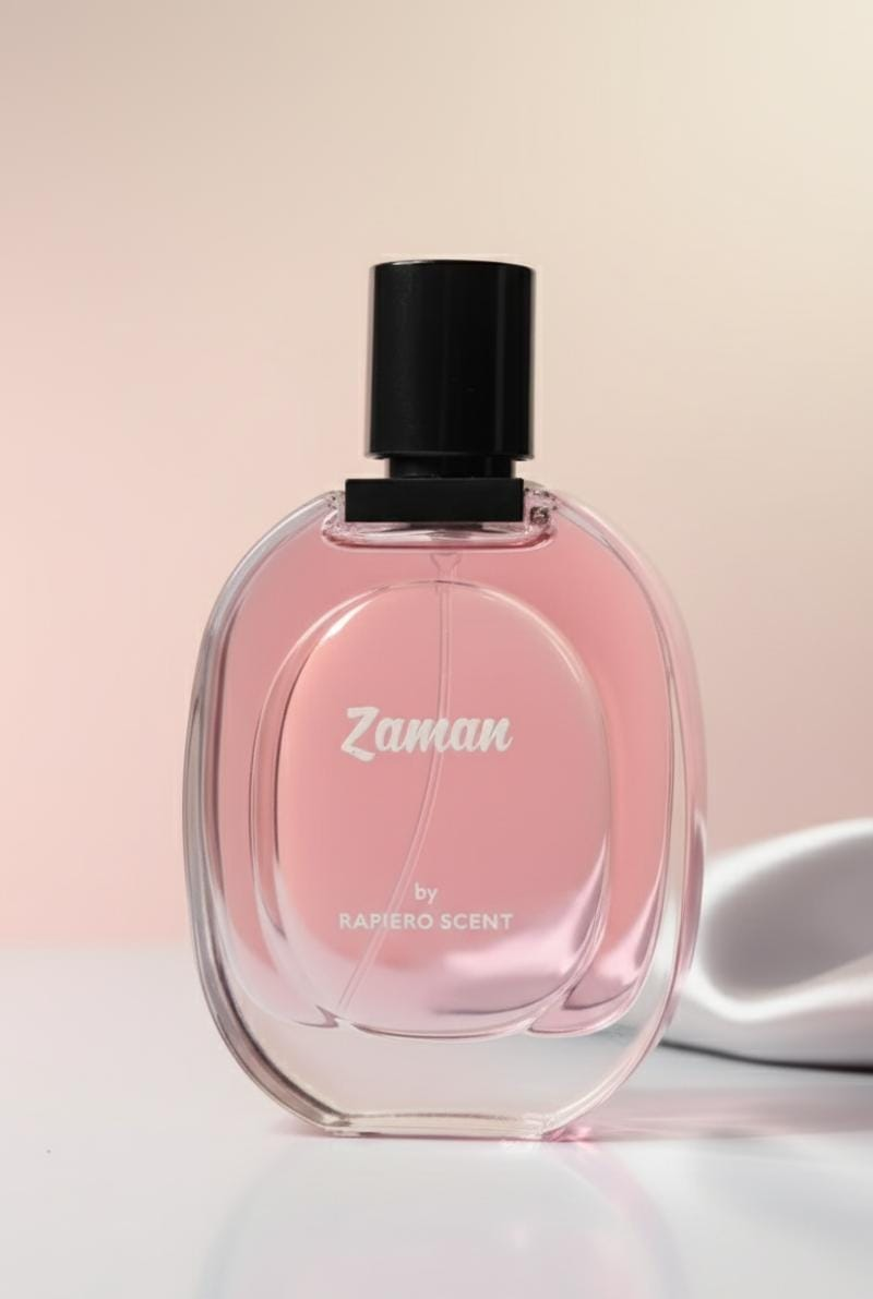 Perfume bottle labeled 'Zaman' by Raffaele Scent on a light pink background