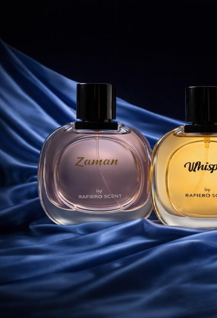 Two perfume bottles labeled 'Zaman' and 'Whisper' by Rafiero Scent on a blue fabric background.