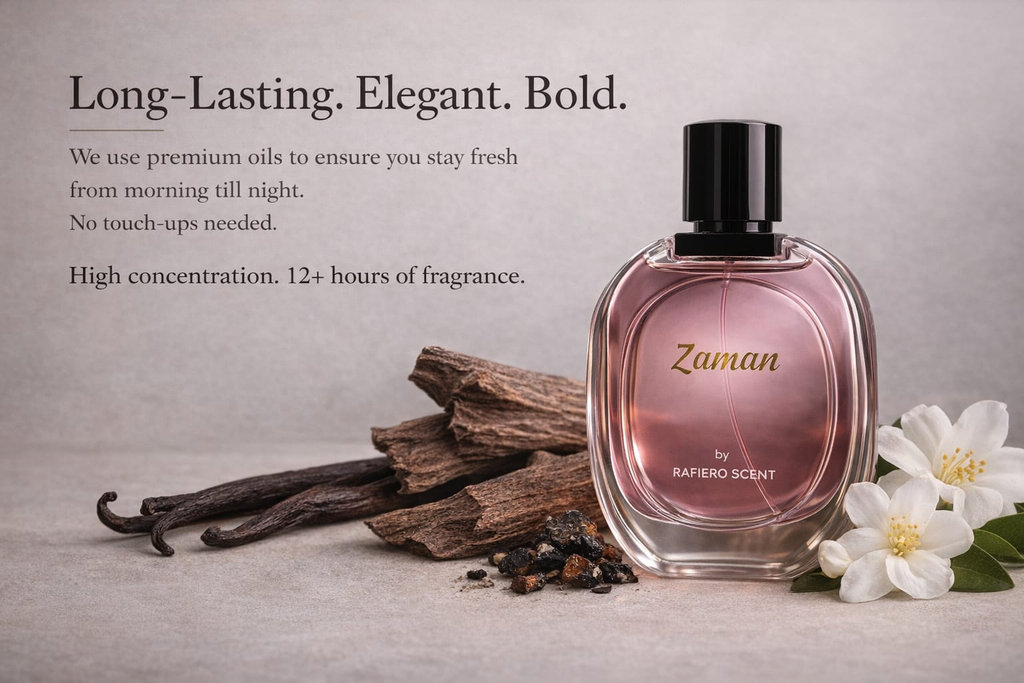 Perfume bottle labeled 'Zaman' with vanilla beans and flowers on a neutral background