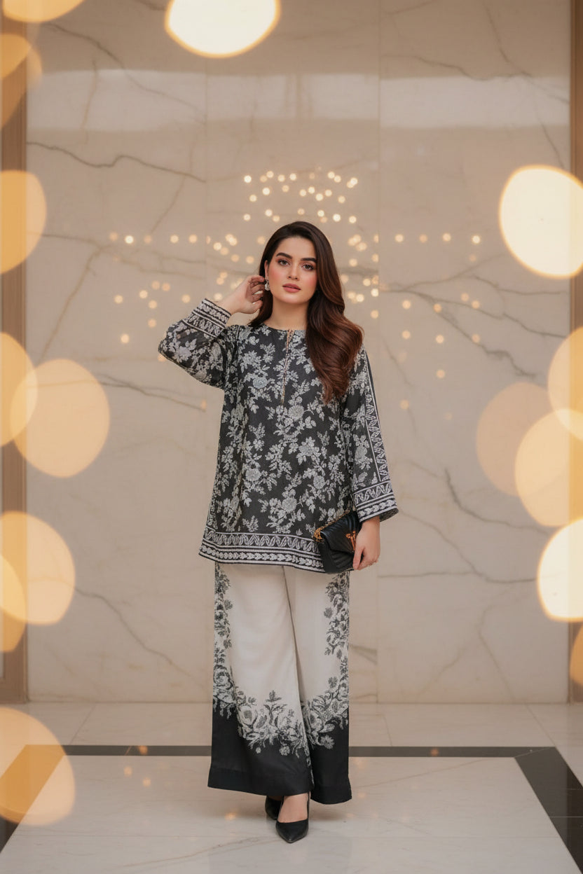 Readymade Digital Printed Doria Lawn 2-Piece Co-Ord Set – Monochrome Midnight Floral