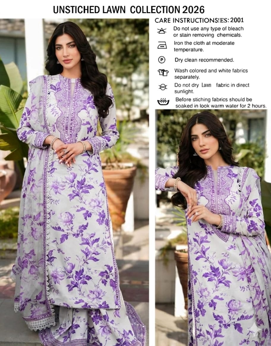 Unstitched Embroidered Lawn 3 Piece Suit – White Lilac Floral | Summer 2026
