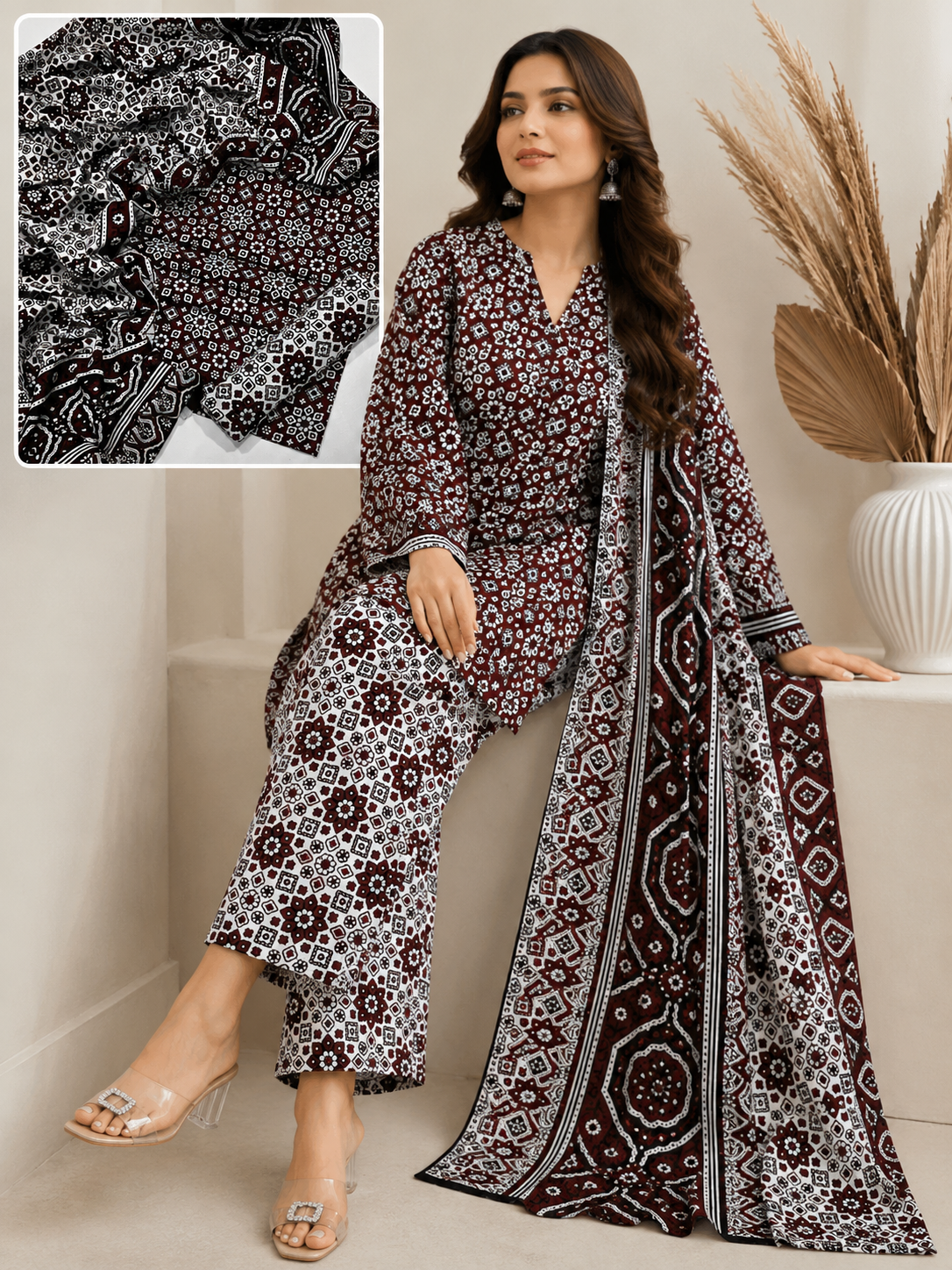 Traditional Allover Print Ajrak Cotton 3-Piece Unstitched Suit | Cultural Sindhi Print Dress