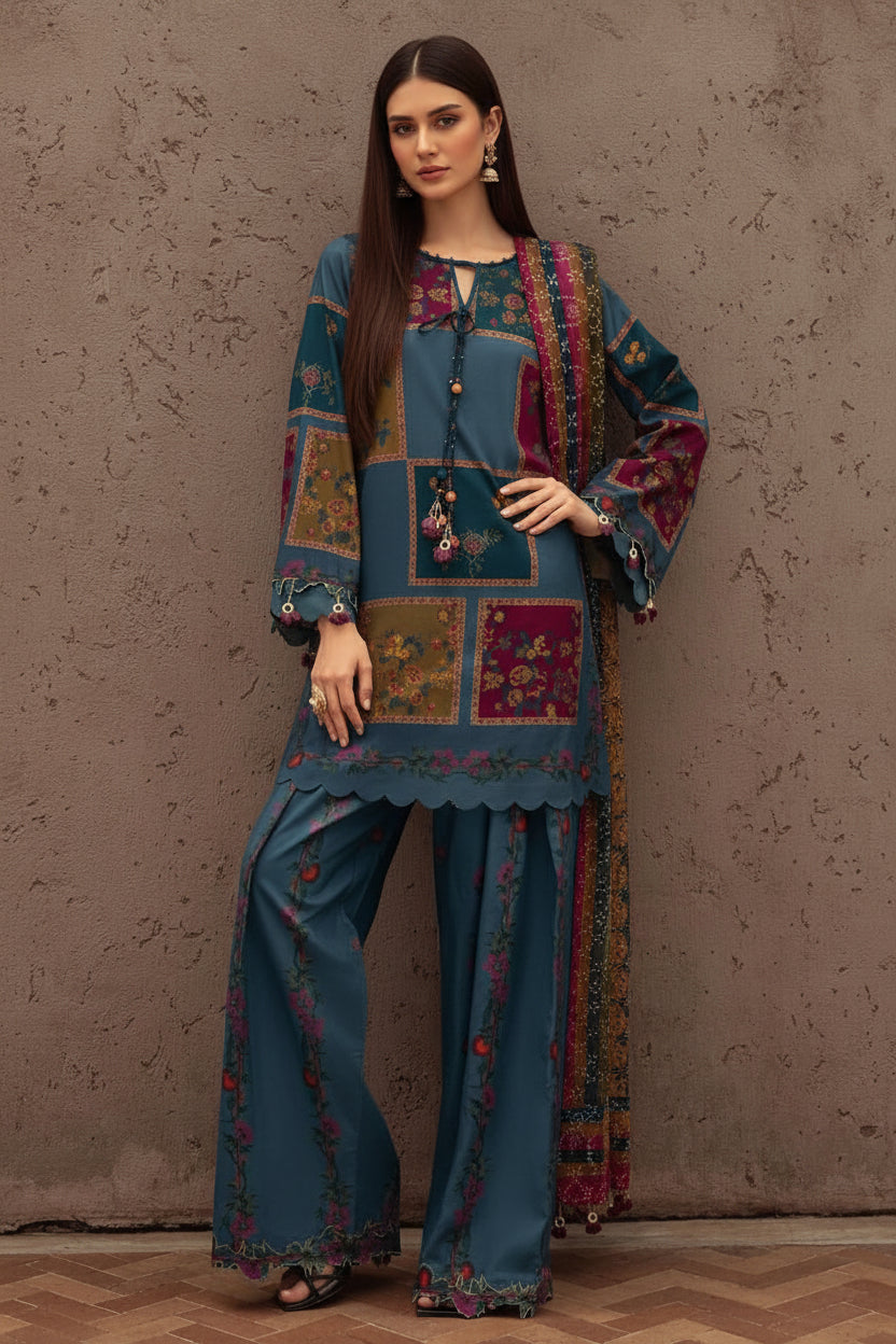 Premium Readymade Digital Printed Doria Lawn 2-Piece Co-Ord Set – Patchwork Floral Fusion
