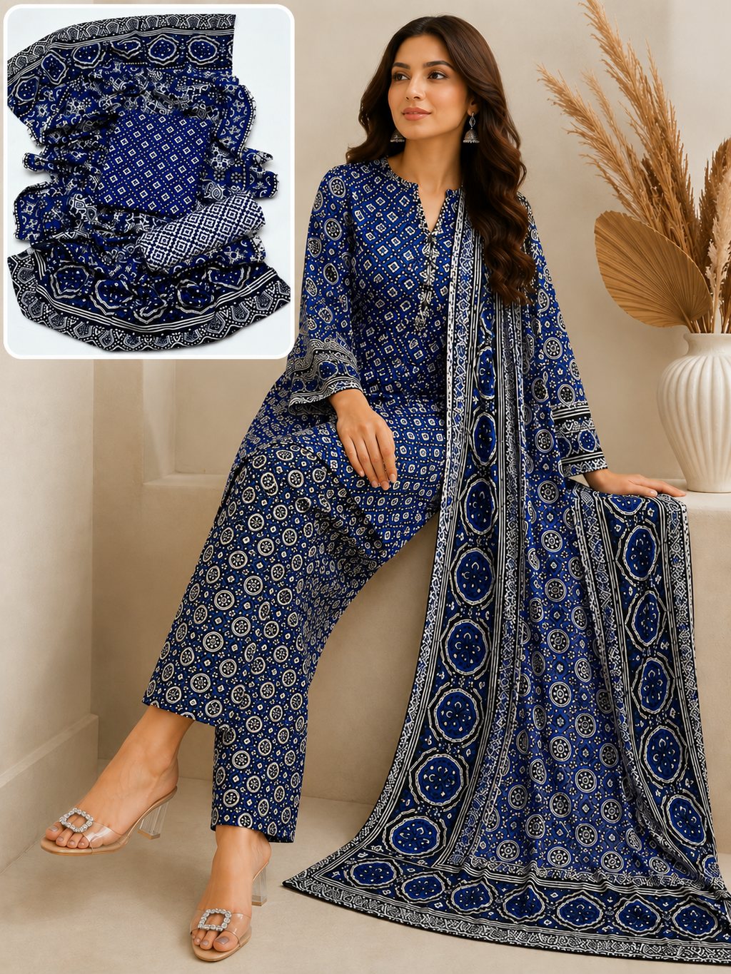 Traditional Allover Print Blue Ajrak Cotton 3-Piece Unstitched Suit | Cultural Sindhi Print Dress