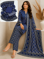 Traditional Allover Print Blue Ajrak Cotton 3-Piece Unstitched Suit | Cultural Sindhi Print Dress