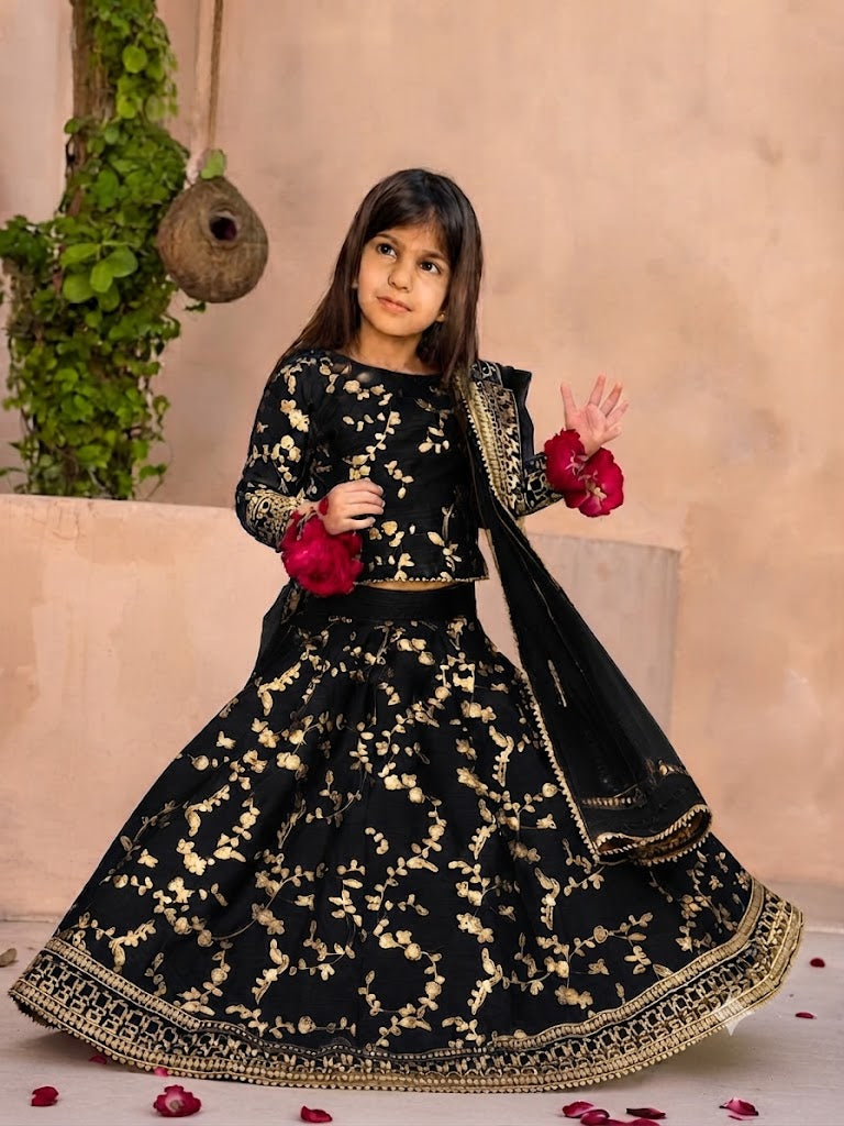 Kids 3-Piece Front Embroidered Silk Top with Skirt & Four-Side Embroidered Organza Dupatta