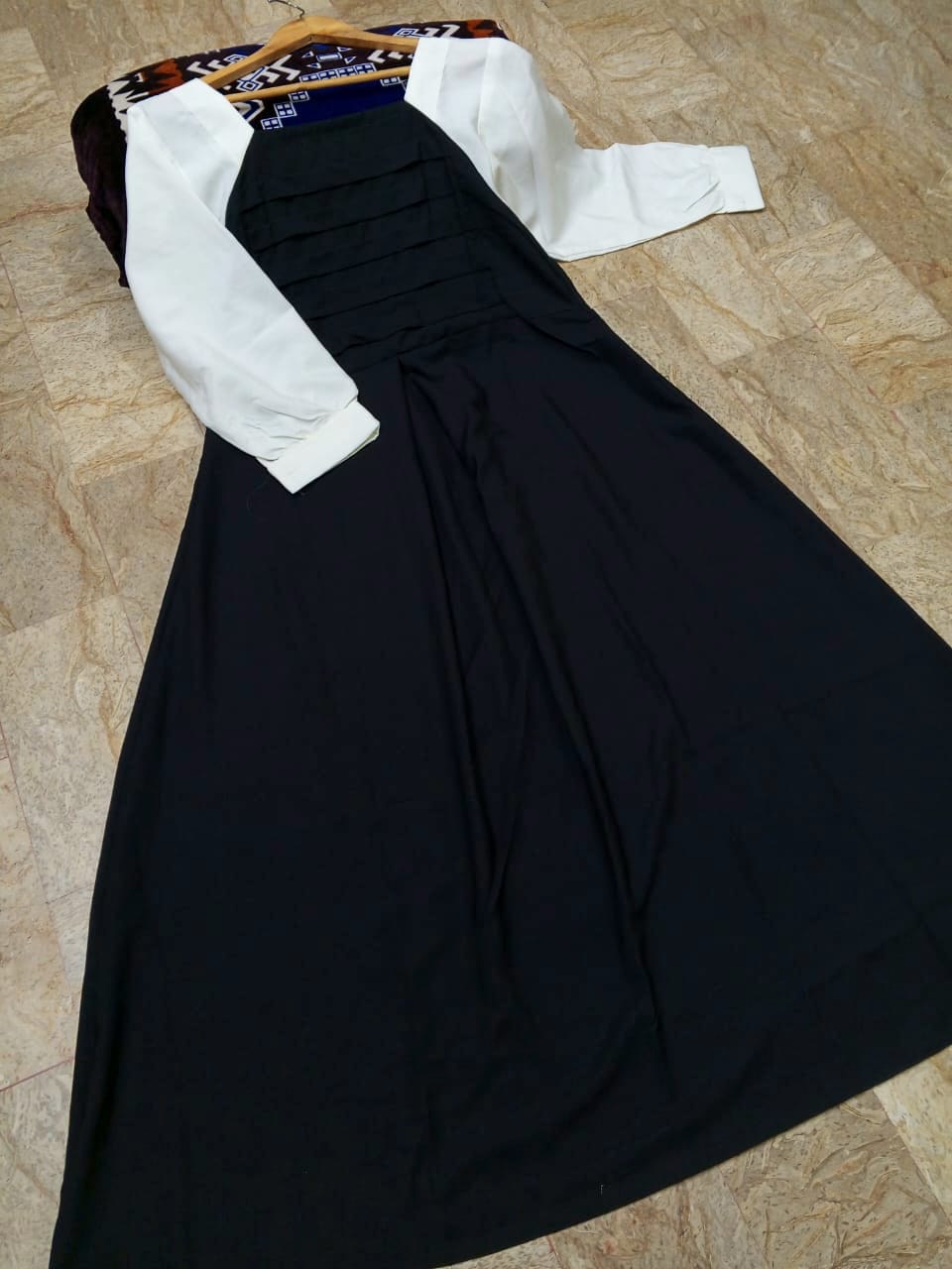 Pleated Maxi Dress with Contrast White Sleeves | Plain Georgette Long Dress
