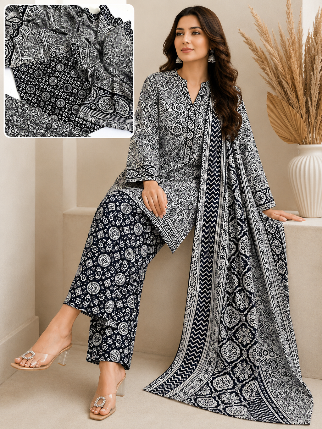 Traditional Allover Print Black & white Ajrak Cotton 3-Piece Unstitched Suit | Cultural Sindhi Print Dress