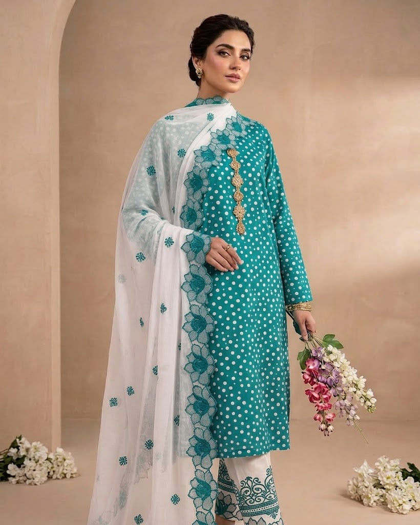 Elegant Polka Dot Cotton Lawn 3pc Suit with Cut-Work Embroidered Chiffon Dupatta