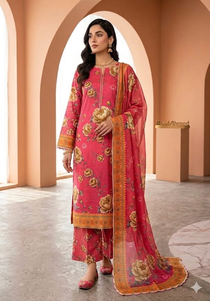 Premium Digital Printed Bana Dora 3-Piece Unstitched Suit – Floral Peach