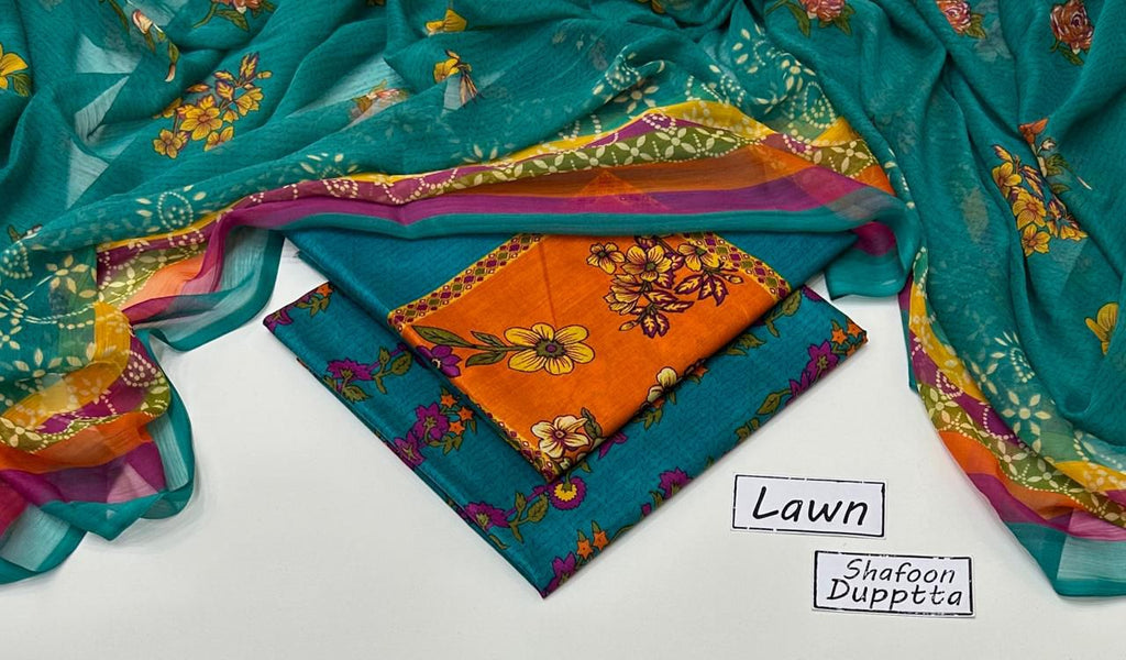 Premium Unstitched Teal Green Printed Lawn Dress With Bamber Chiffon Dupatta - Summer Collection 2026