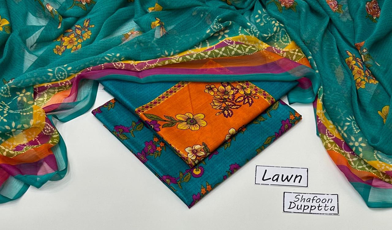 Premium Unstitched Teal Green Printed Lawn Dress With Bamber Chiffon Dupatta - Summer Collection 2026