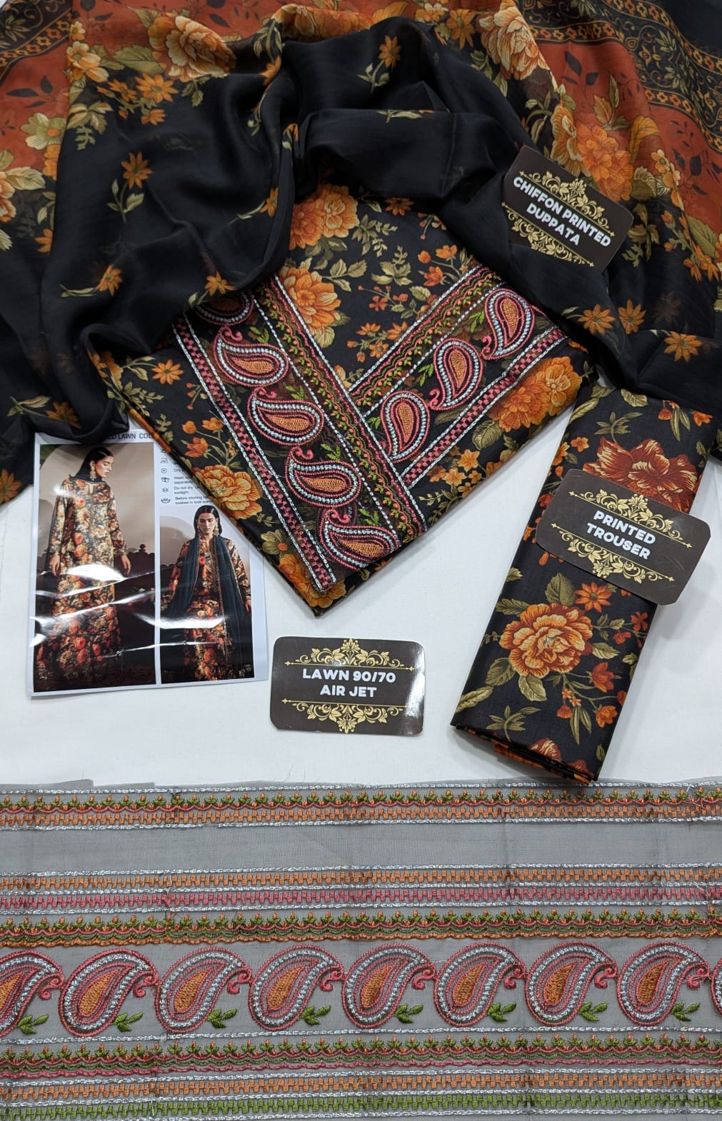 Luxury Unstitched Embroidered Black Floral Lawn Dress With Premium Chiffon Dupatta | Summer 2026