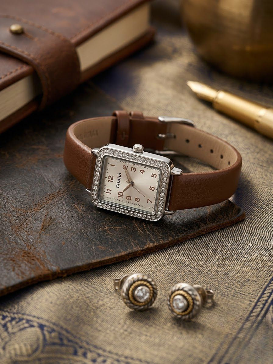 Elegant Stone Bezel Women's Rectangular Quartz Watch - Premium Leather Strap