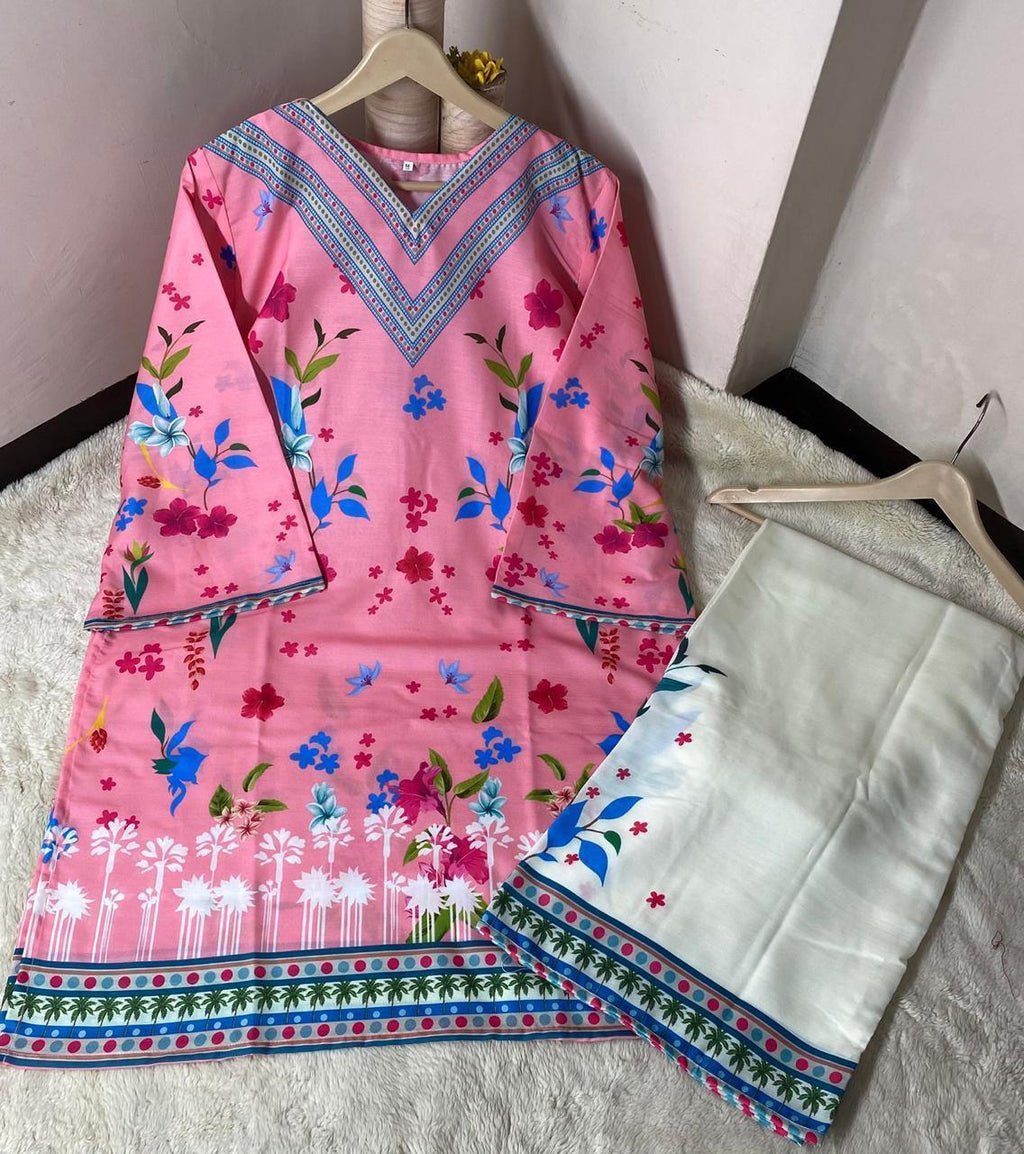 Readymade Digital Printed Doria Lawn 2-Piece Co-Ord Set – Blossom Pink & Ivory