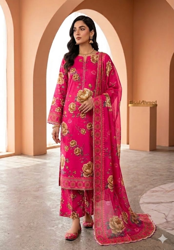 Premium Digital Printed Bana Dora 3-Piece Unstitched Suit – Floral Shocking Pink