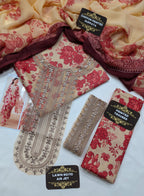 Unstitched Embroidered Beige Pink Floral Lawn 3 Piece Suit 2026