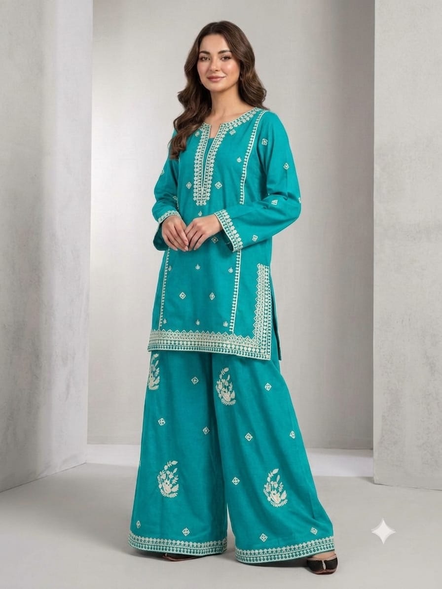 Readymade Heavy Embroidered Cotton Shirt with Farshi Shalwar | 2-Piece Luxury Suit