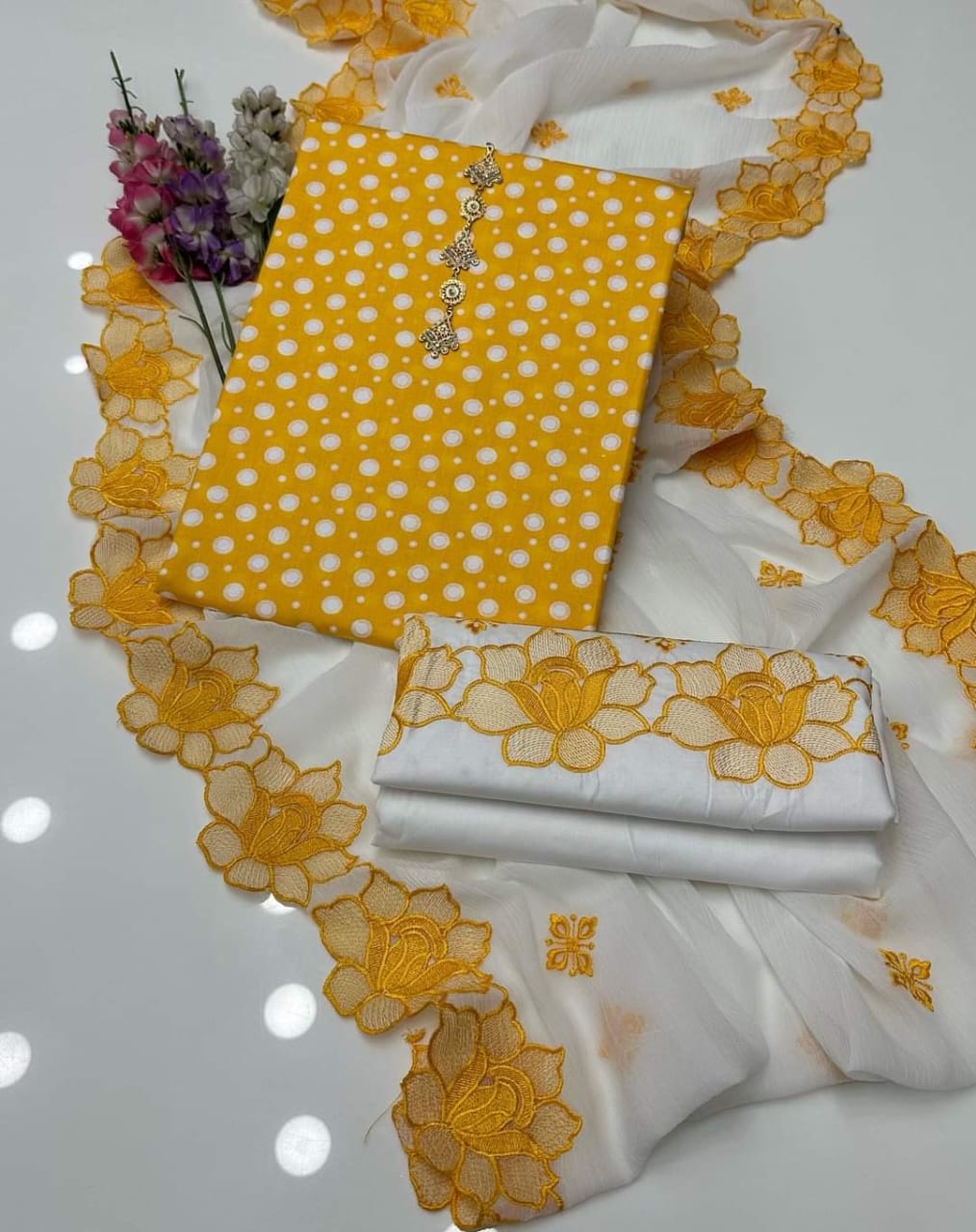 Elegant Polka Dot Cotton Lawn 3pc Suit with Cut-Work Embroidered Chiffon Dupatta