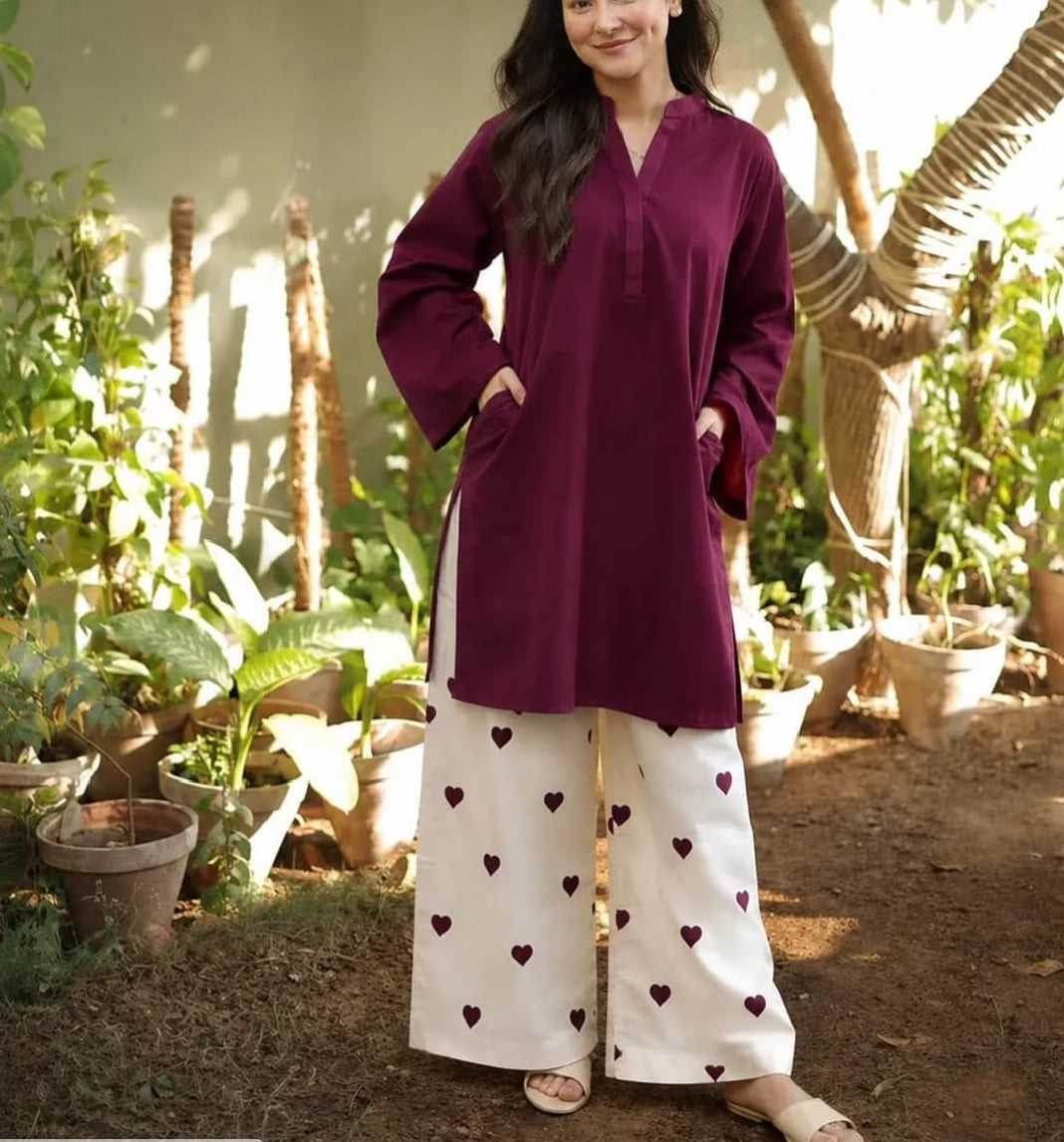 Readymade Romantic Heart Printed 2-Piece Cotton Co-Ord Set – Solid Tunic & Flapper Pants