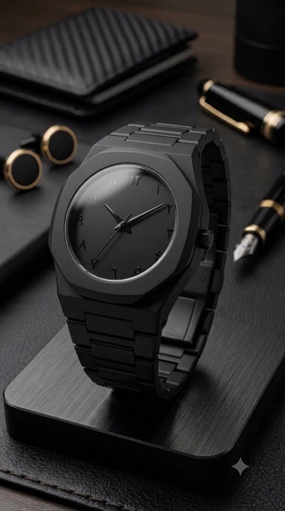 Premium Matte Black Arabic Dial Watch – Minimalist Aesthetic Quartz Wristwatch
