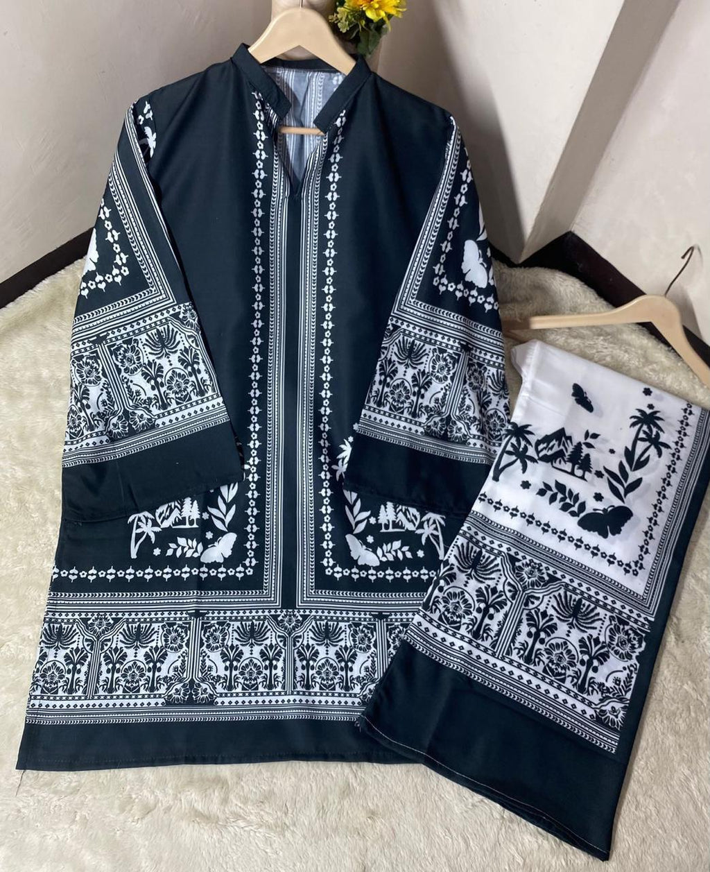 Readymade Digital Printed Doria Lawn 2-Piece Co-Ord Set – Noir & Ivory Ethnic Fusion