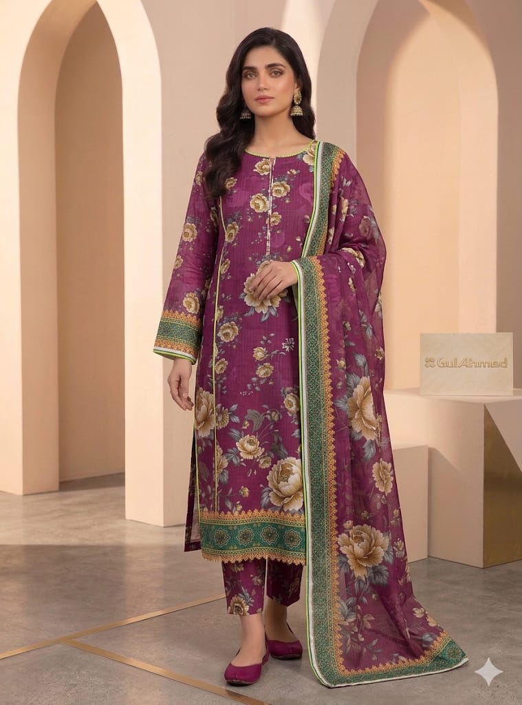Premium Digital Printed Bana Dora Floral 3 Piece Unstitched Suit – Plum Purple | Women's Summer Collection 2026