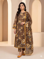 Premium Digital Printed Bana Dora 3 Piece Suit – Soft Swiss Lawn Collection 2026 | Brown Floral