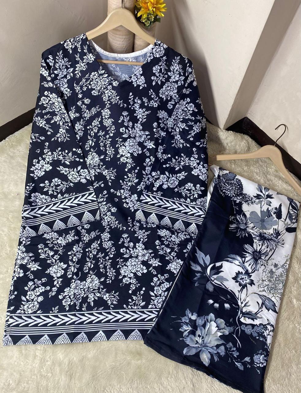 Readymade Digital Printed Doria Lawn 2-Piece Co-Ord Set – Monochrome Midnight Floral